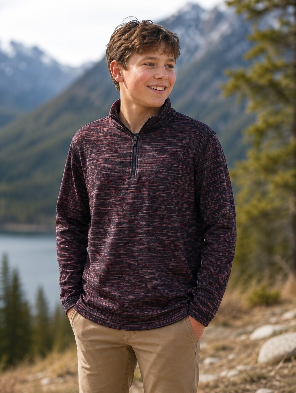 Tek Gear Red Spacedye 1/4 Zip Fleece Pullover Outdoors Baselayer Boys' L 14/16